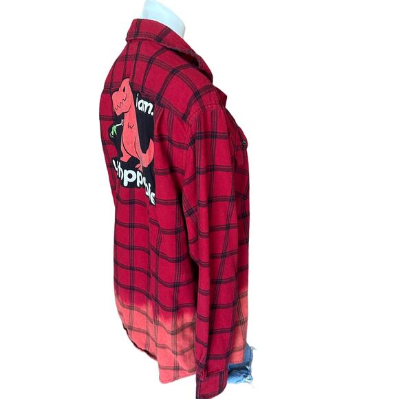 T-Rex Unstoppable Plaid Flannel Shirt Large Oversize Shacket Unique Upcycled - Picture 3 of 5
